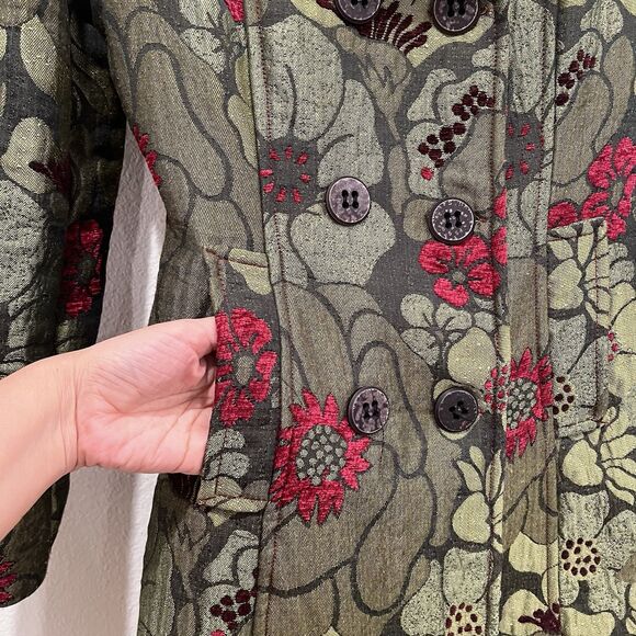 Neslay Paris Women Sz S Jacquard Long Blazer Jacket Black Green Floral Fairy - Picture 5 of 10